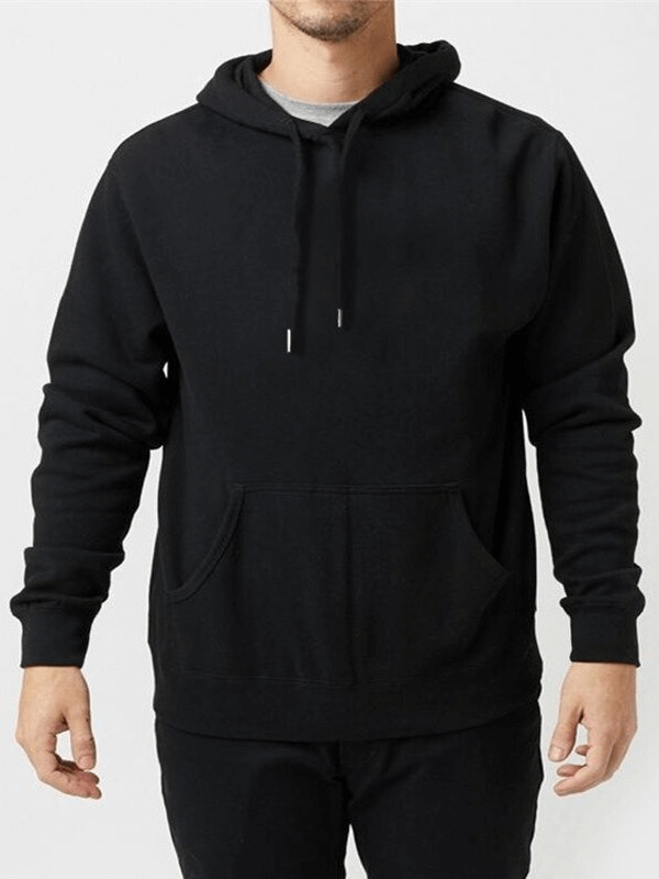 Black men's sweatshirt with hood and pockets, perfect for casual style. Soft cotton hoodie, full-length sleeves, drawstring detail.